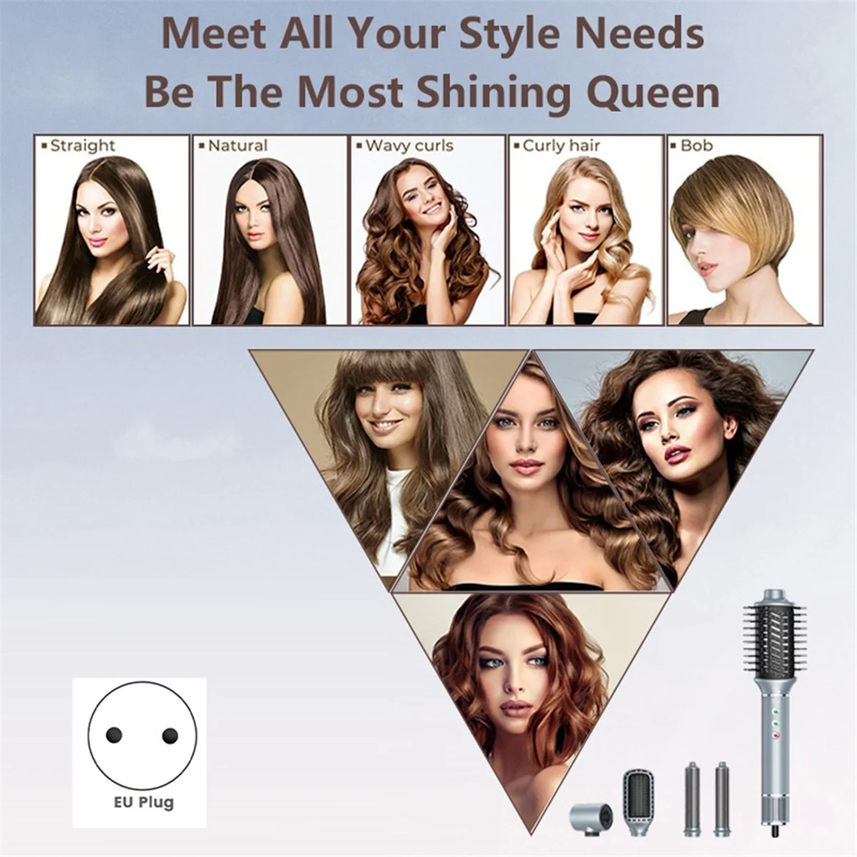 BFYLE 5-in-1 Negativ-Ionen-Haartrockner, Haartrockner, Bürste, automatischer Lockenstab, dunkelblau, EU-Stecker