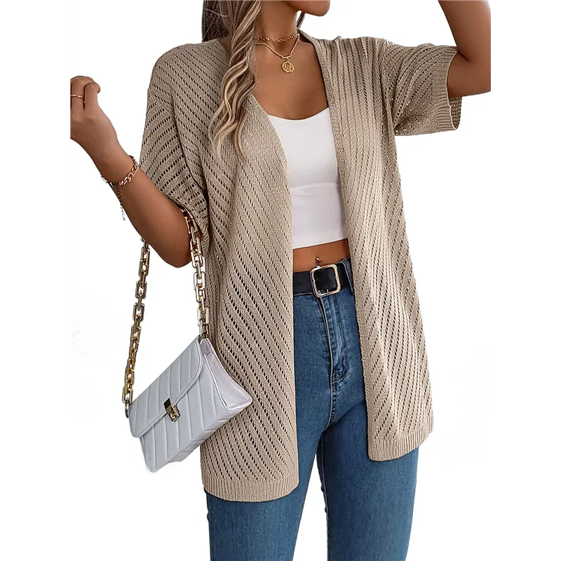 

【SEE】Summer Cardigan Women's Short Sleeve V Neck Crochet Loose Front Open Hollow Cover Up