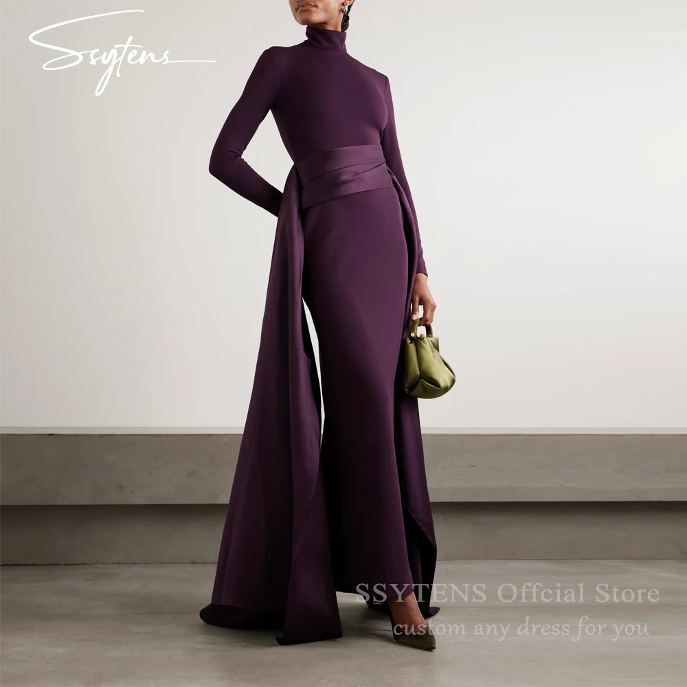 

SSYTENS Modern Purple Evening Dresses Mermaid Maxi Party Dress High Neck Formal Events Pleats Full Sleeves Prom Gowns Customized