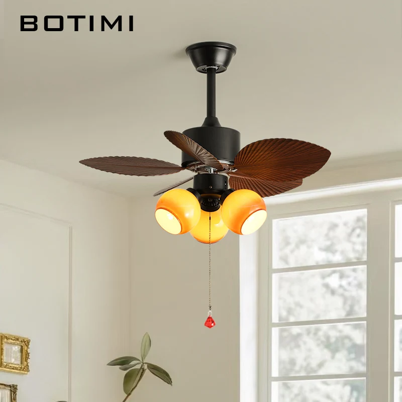 BOTIMI 32 Inch Ceiling Fan With Glass Lampshade Lights For Living Room Brown Ventilateur de plafon Bedroom Cooling Fans Lighting