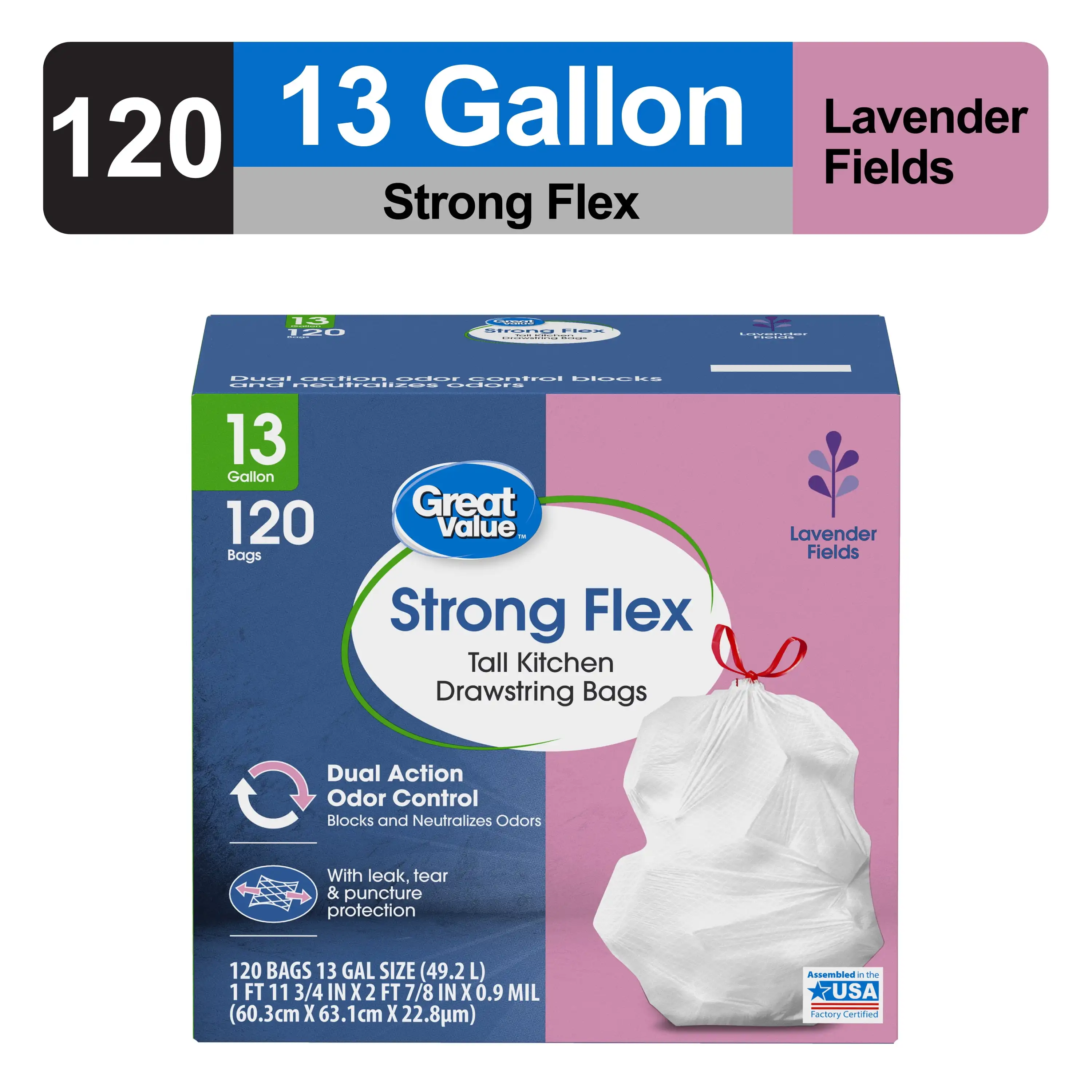 Strong Flex 13-Gallon Drawstring Tall Kitchen Trash Bags, Lavender Fields, 120 Bags Everyday waste in the workplace