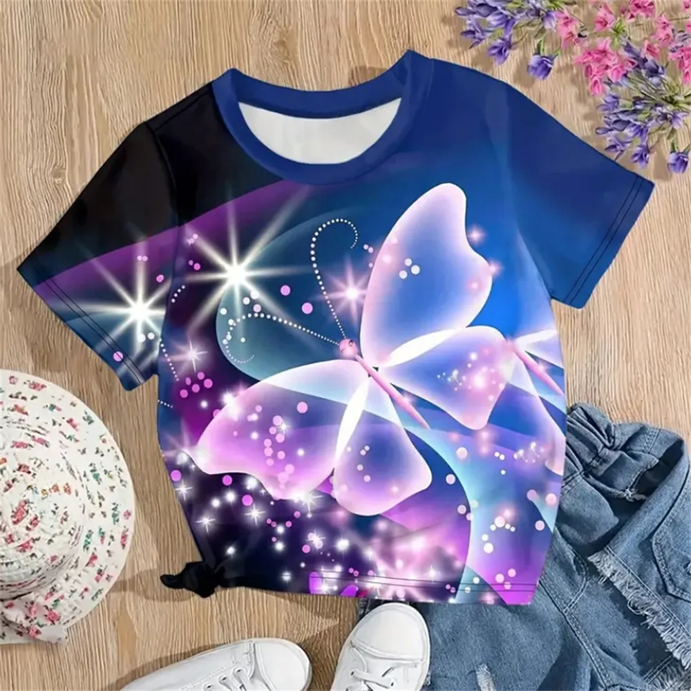 

Summer 2024 Girl Clothes Butterfly Print Clothes Child Girl Short Sleeve Clothes Outdoor Fashion Tee Shirts Children's Clothing