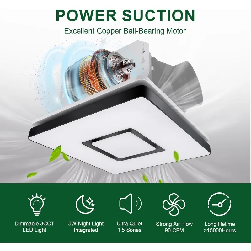 home.Bathroom Exhaust Fan with Shower Light, 90 CFM with 5W Night Light Ventilation fan for Bathroom and Home, Square, White