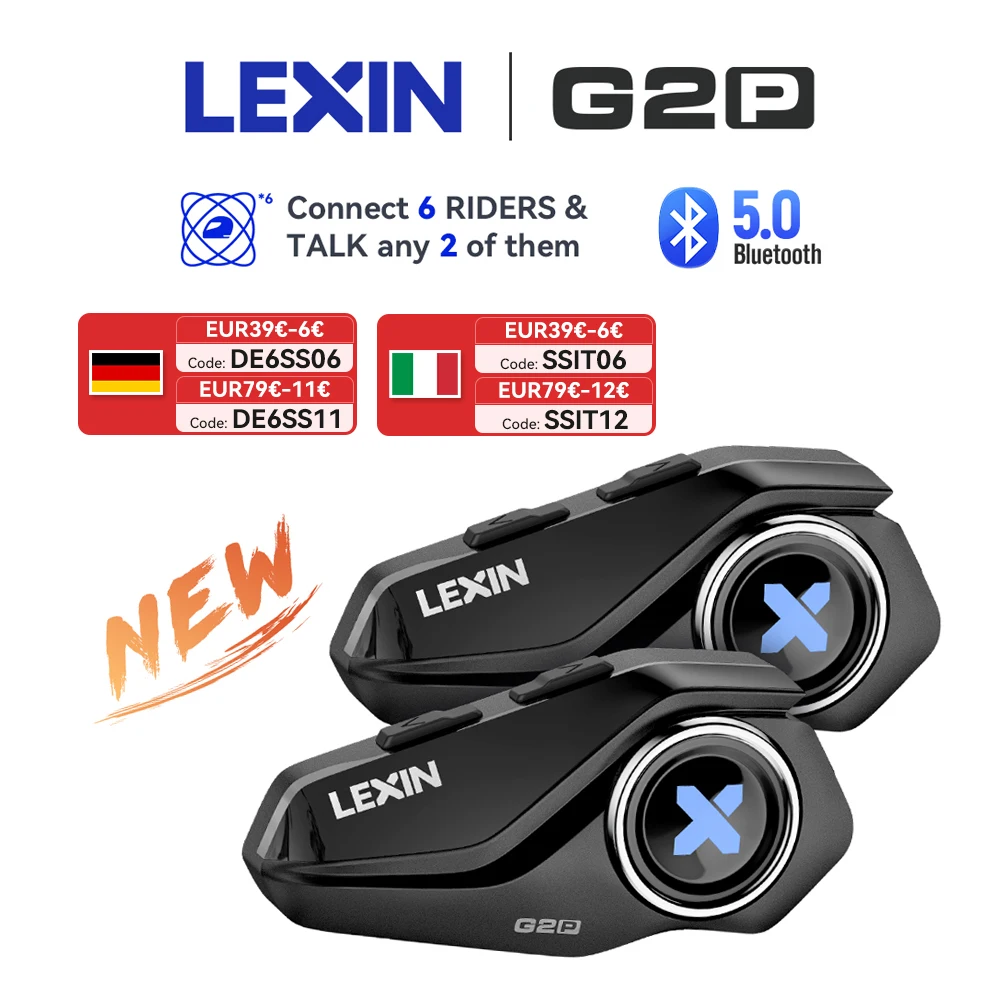 Lexin G2P casque d'interphone moto casques Bluetooth, communicateur mains libres jusqu'à 6 coureurs Interphone avec Radio FM