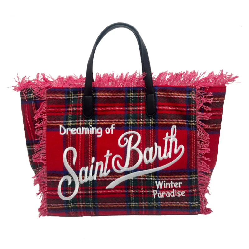 SAINT BARTH 2024 New Women's Large Capacity Thousand Bird Grid Woolen Tote Bag Handmade Tassel Handbag