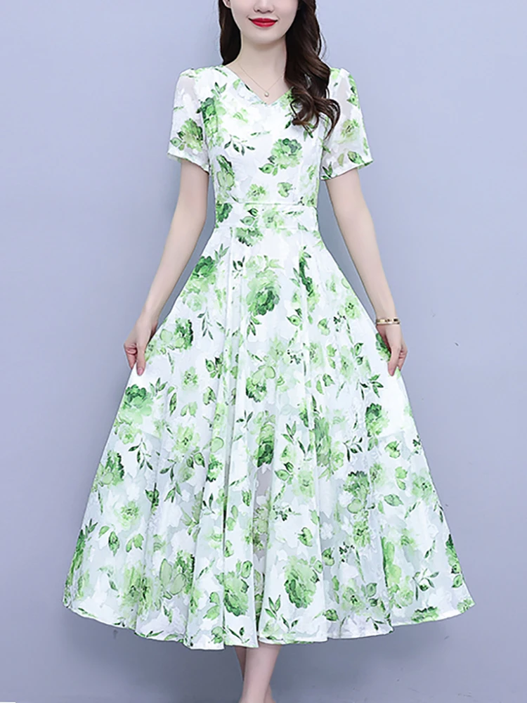 Robe longue d'été en mousseline de soie, motif floral vert, style boho, décontractée, vacances, plage, manches courtes, élégante, tambour, fête, soirée, 2024