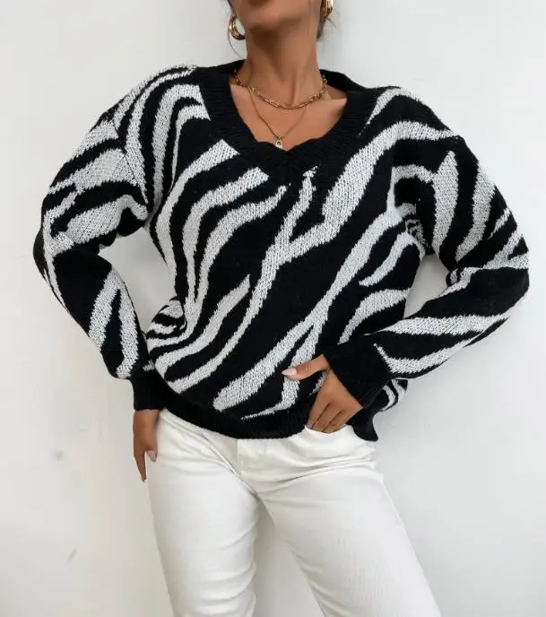 เสื้อสเวตเตอร์ไหมพรมถักลายม้าลายแฟชั่นใหม่สำหรับผู้หญิง ฤดูใบไม้ร่วงและฤดูหนาว ปี 2025 แบบหลวม สวมใส่สบาย อุ่นหนา