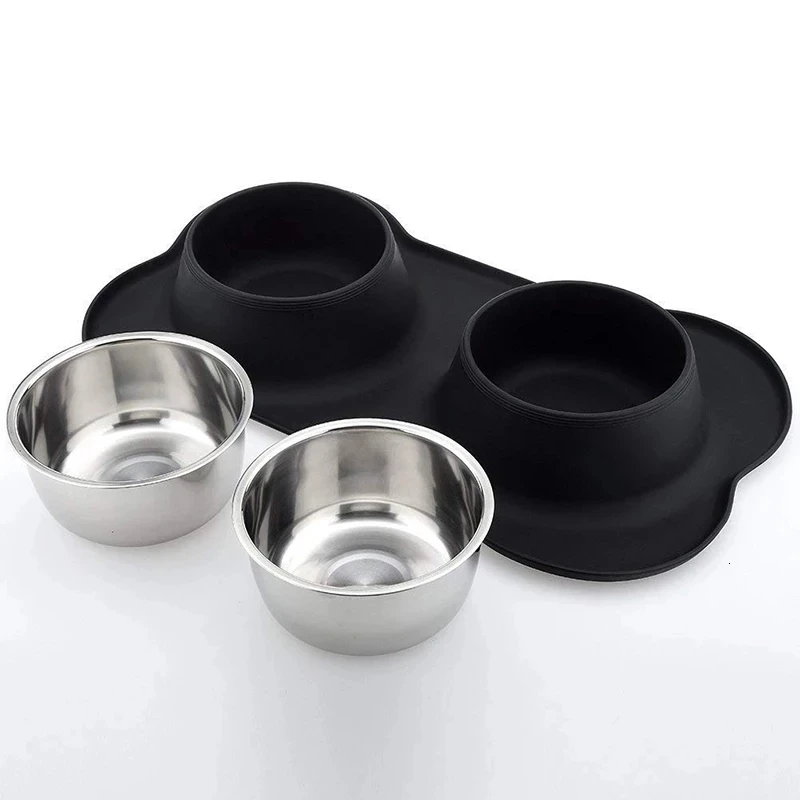 Tigela de cachorro dupla antiderrapante com esteira de silicone, aço inoxidável durável, alimentador de água, pet feeding, tigelas para cães e gatos