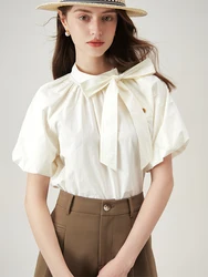 FSLE-camisa holgada y versátil de estilo francés para mujer, Top blanco informal y elegante con lazo desmontable, novedad de verano 2024, 24FS12715