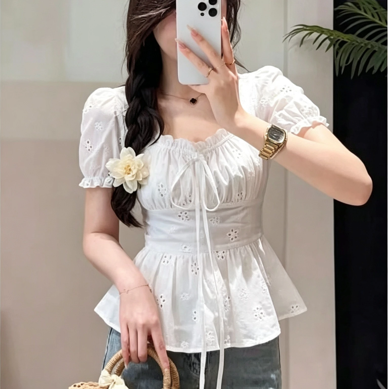 Embroidery Eyelet - Cottagecore Eyelet Embroidery White Blouse Square