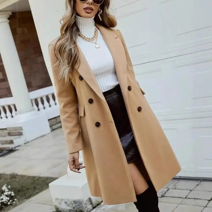 

Ele женское шерстяное пальто с двумя рядами на пуговицах, осень-зима, длинное све, однотонная модная верхняя одежда для женщин