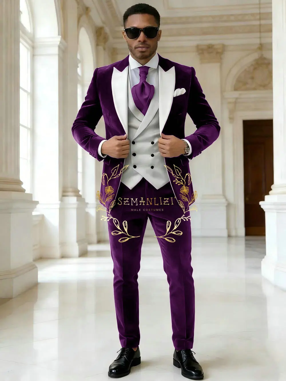 

Purple Velvet And White Men Suit Wedding Party Formal Groom Groomsman Prom Business Male Tuxedos 3 Piece Set Jacket Vest Pants