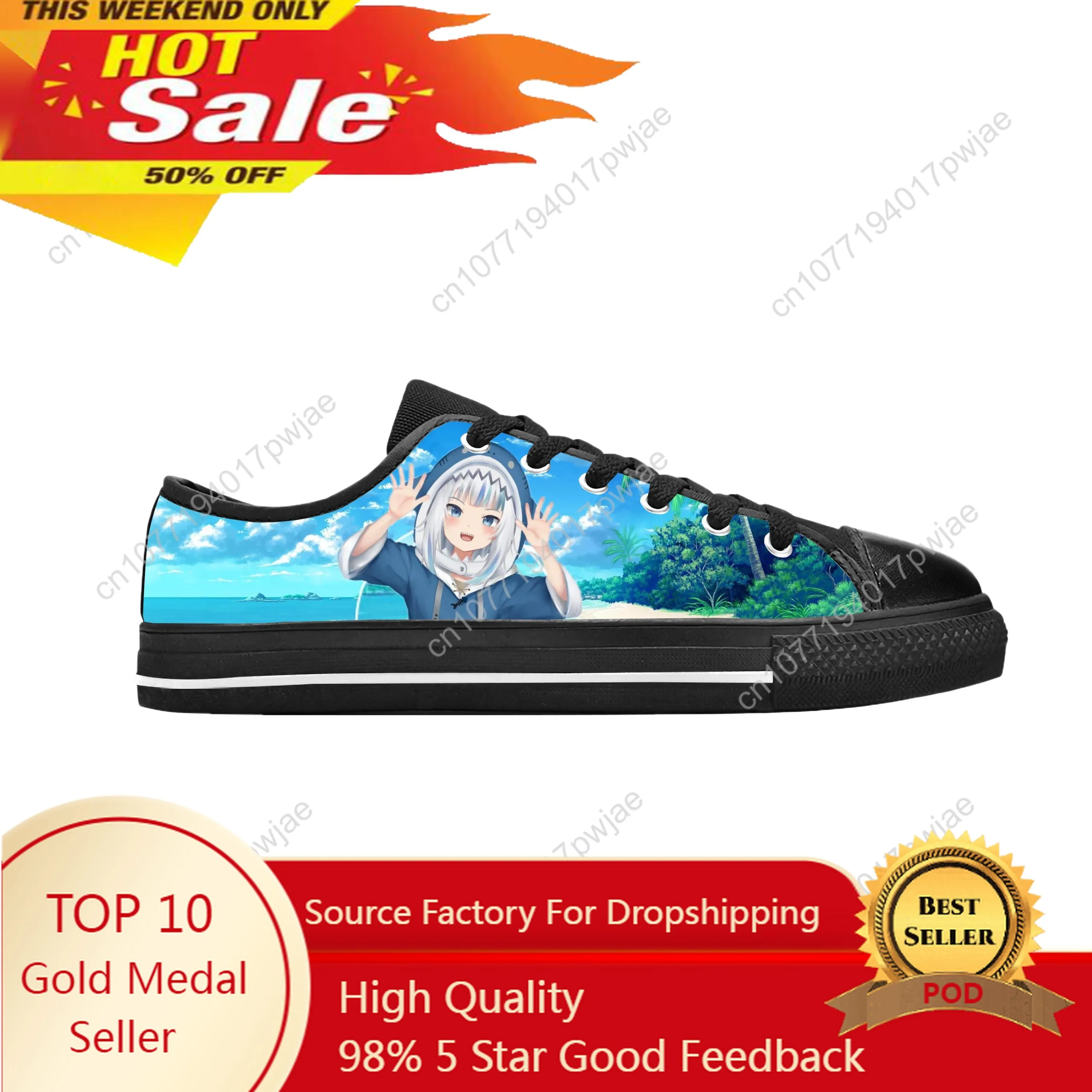 Gawr Gura-Baskets basses respirantes pour hommes et femmes, chaussures de grill décontractées, impression 3D, dessin animé anime, manga, jeu japonais, confortable