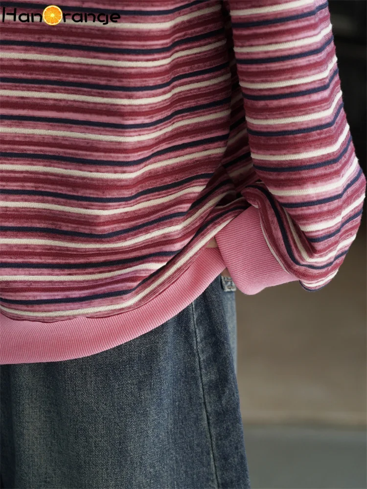 HanOrange 2025 Autumn Fashion Retro Falling Shoulder Contrast Striped Sweatshirt Women Loose Top Pink/Black