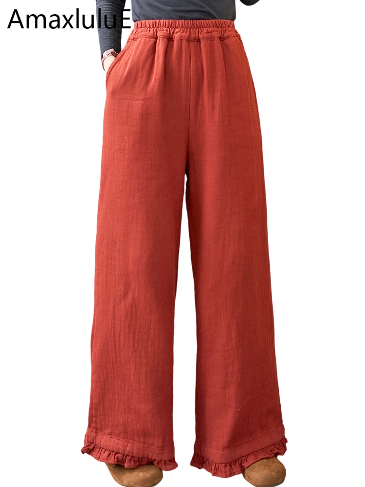 

Amax LuluE 2026 Spring Womens Luxury Wide Leg Pants Loose Leisure Cotton Clothes Ladies Classic Elegant Elastic Waist Trousers