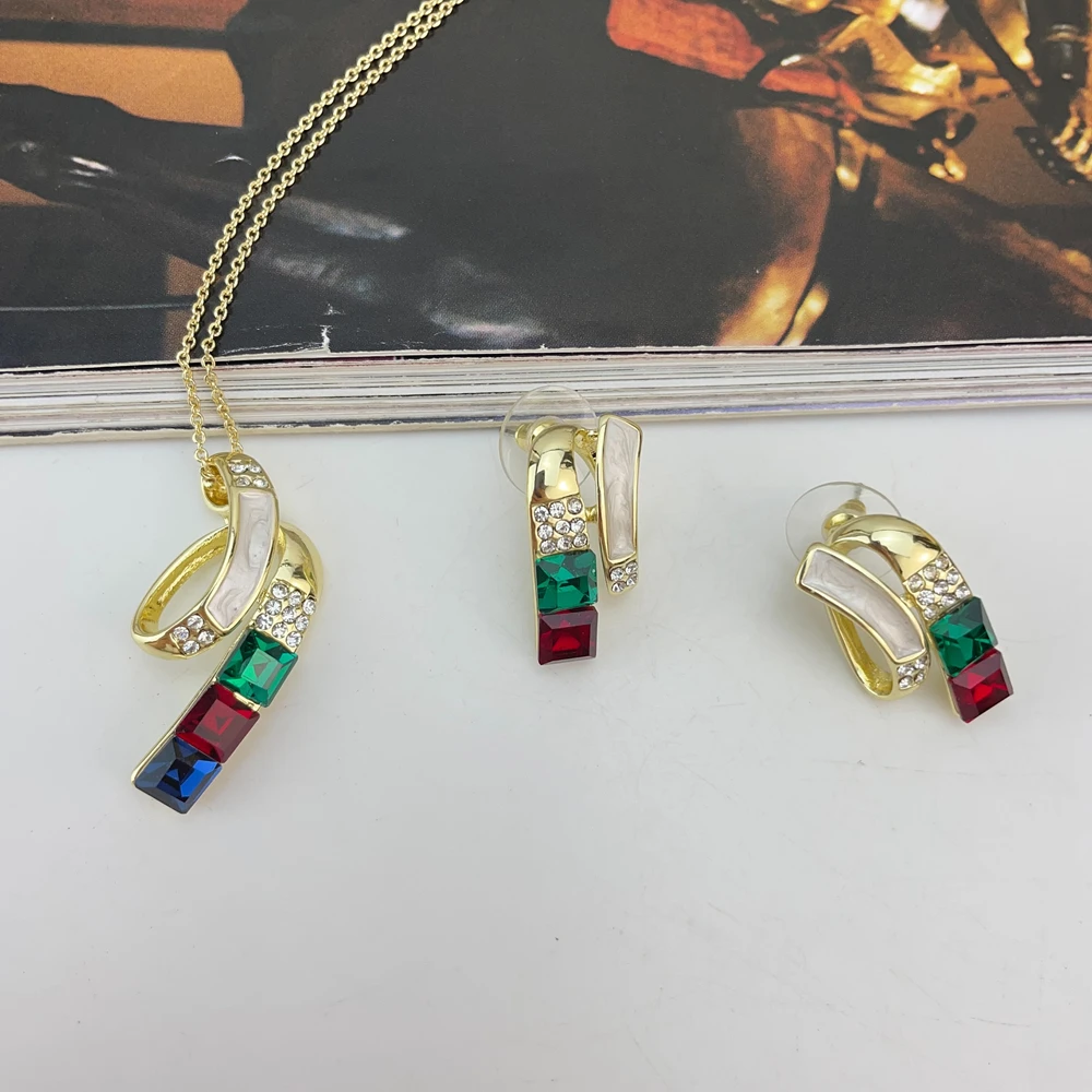 أحدث الذهبي الملونة حجر قلادة الأقراط دبي الفاخرة العصرية مجموعة مجوهرات للسيدات والنساء طقم من الحلقان KY25194 #1
