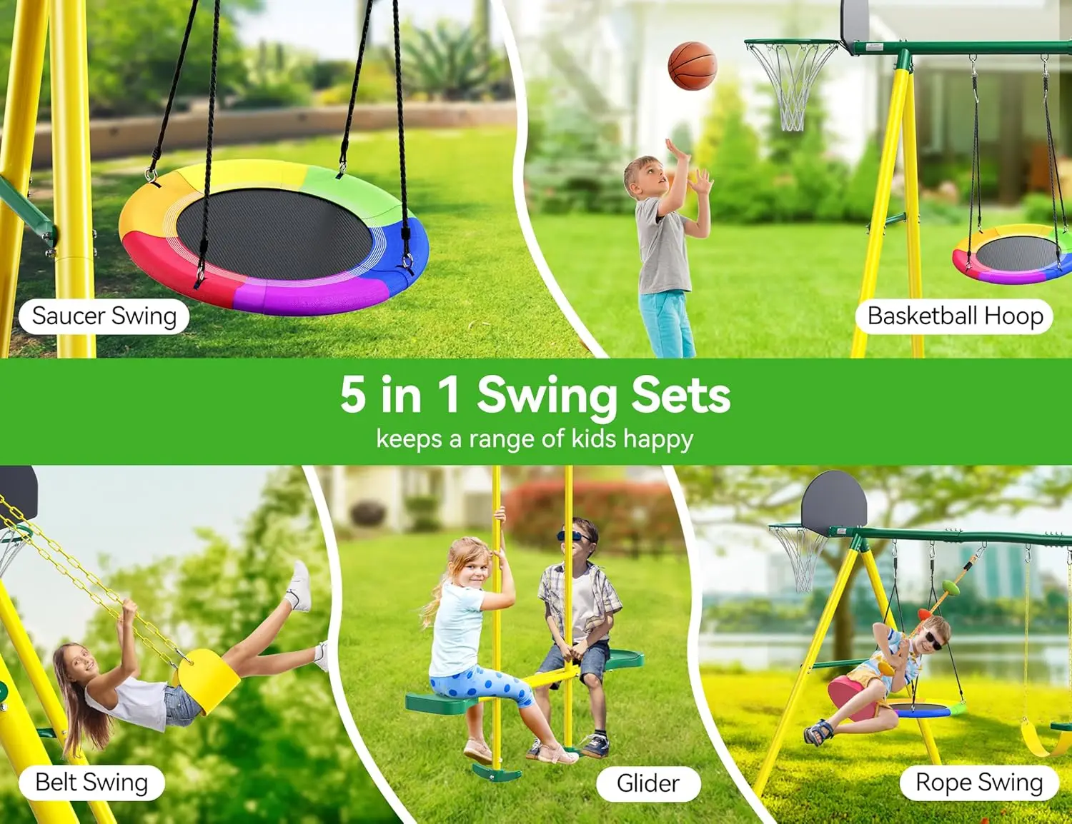 Outdoor backyard five in one children's swing set with , glider, rope, and basketball hoop