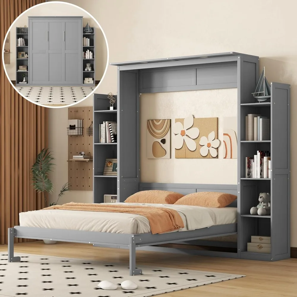 Queen Size Murphy Bed, Queen Wall Bed Frame with Shelves and LED Lights, Gray