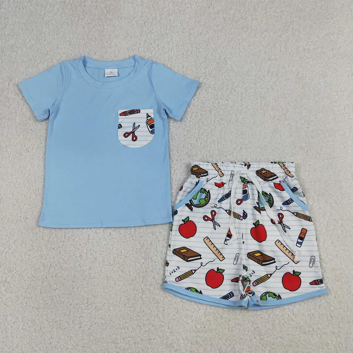 Baby Boys Apples Pencils Top Pockets Shorts Back to School Clothes Sets Children Outfits Kids Toddler Clothing Wholesale