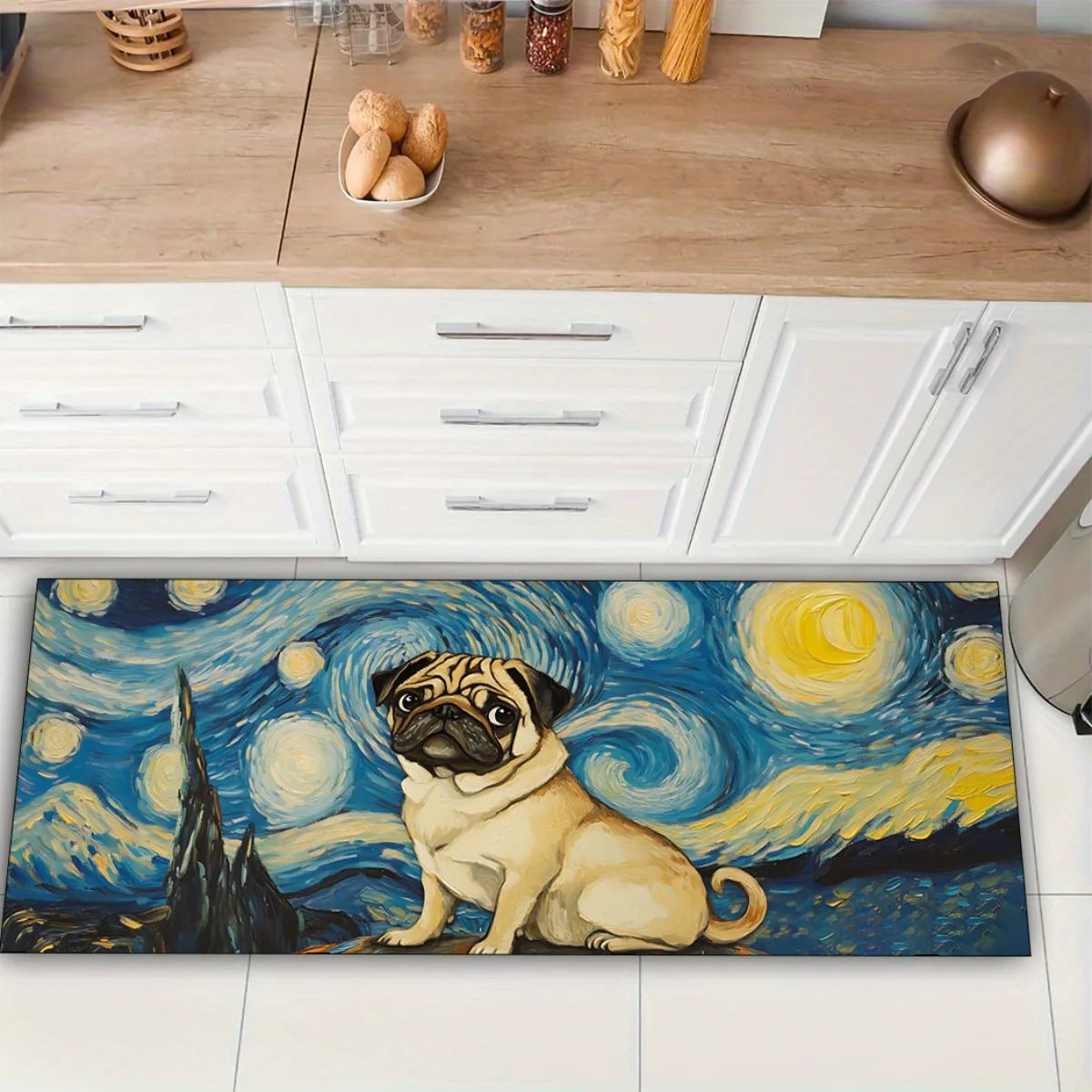 

Starry Night Pug Print Kitchen Mat, Non-Slip Washable Durable Runner Rug for Kitchen, Bathroom, Laundry Room Decor
