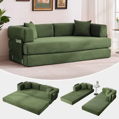 5-in-1 Convertible Sleeper Sofa Bed - 78.8" Corduroy Folding Couch with Adjustable Backrest & Armrest - Modular Space-Saving Loveseat for Living Room, Studio, Guest Room - No Assembly Required