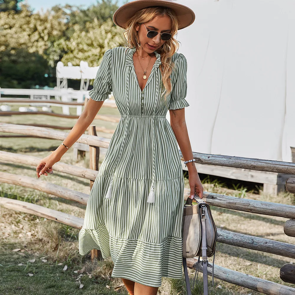 

Summer Classic Striped Dress for Women Lapel High Waist Ladies Commuting Dress with Button Decoration Patchwork Vestidos