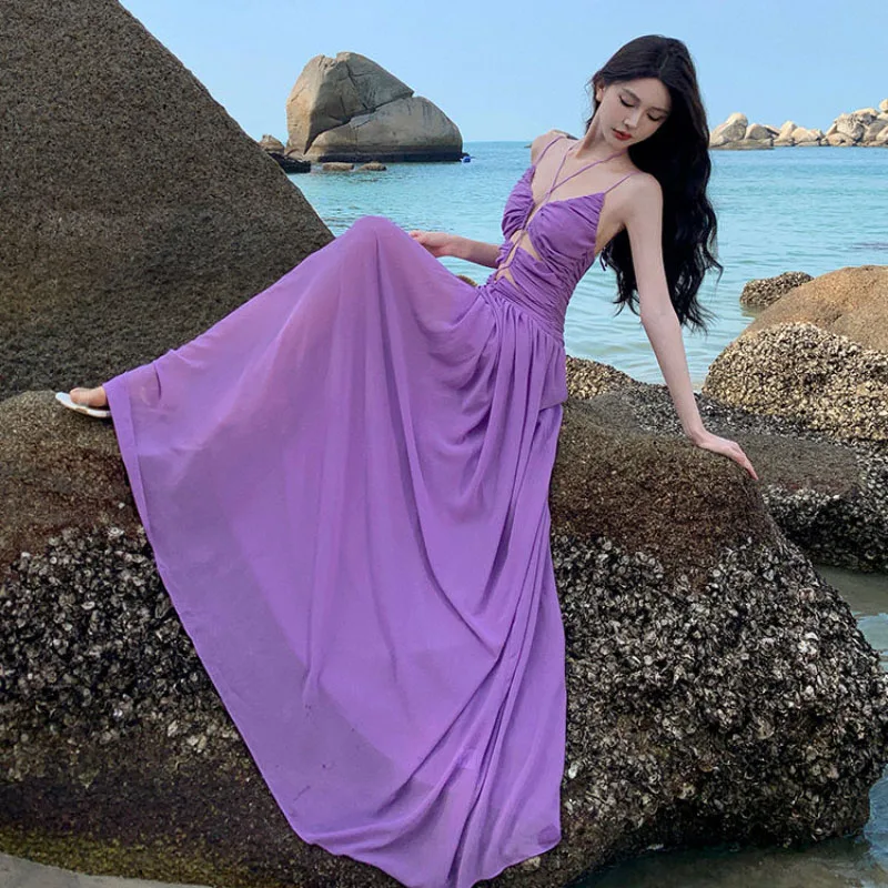 

Сексуальное платье в стиле Pure Desire с подвесным воротником и открытой спиной, женское новое летнее стильное облегающее длинное платье для отдыха на море