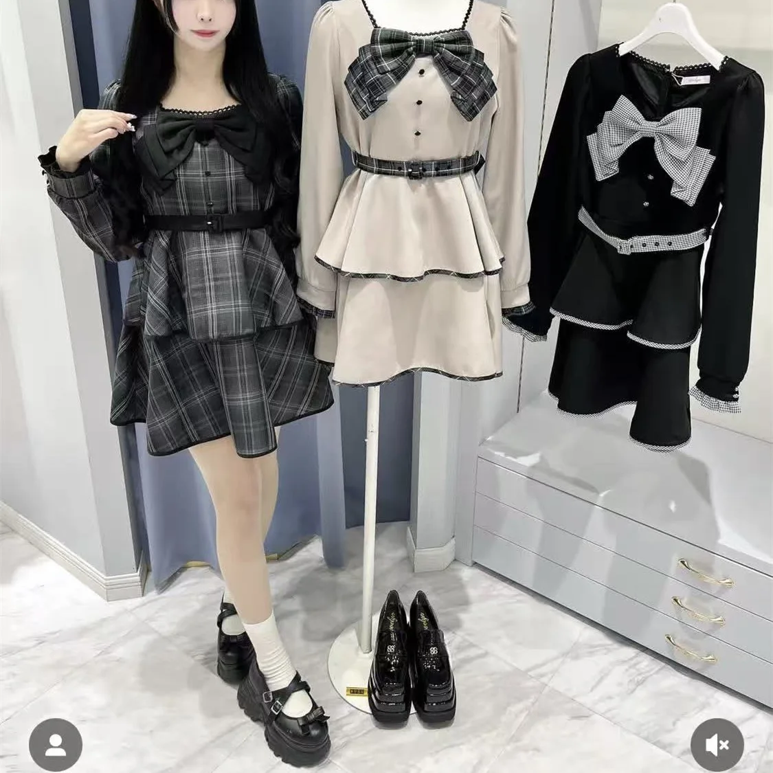 Estilo japonês elegante doce subcultura pescoço quadrado arco manga longa cinto de cintura alta a linha plissado vestido em camadas para mulher outono