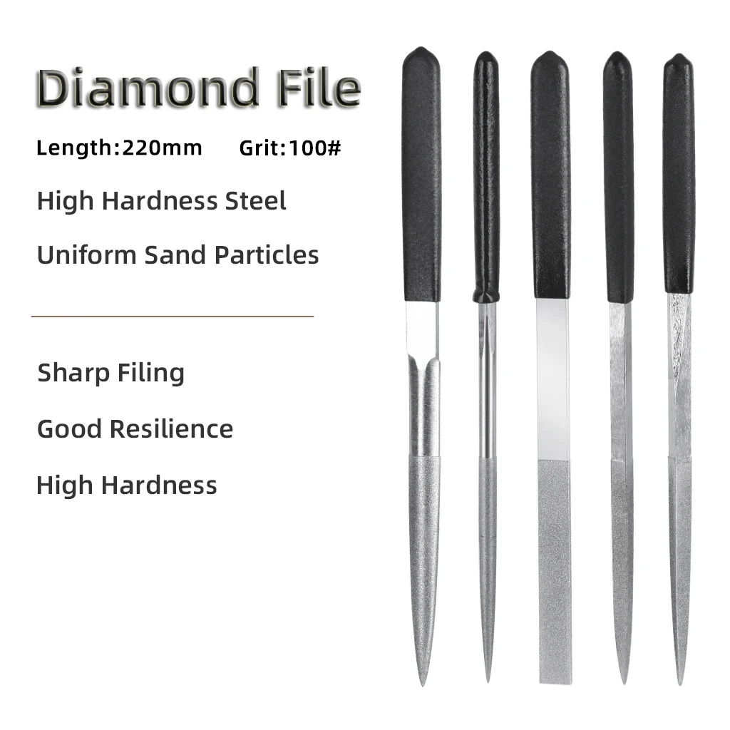 

100# Grit Diamond Files For Metal Jewelry Stone Polishing Flat Triangle Semicircle Square Circle Needle File Hand Tools 220mm