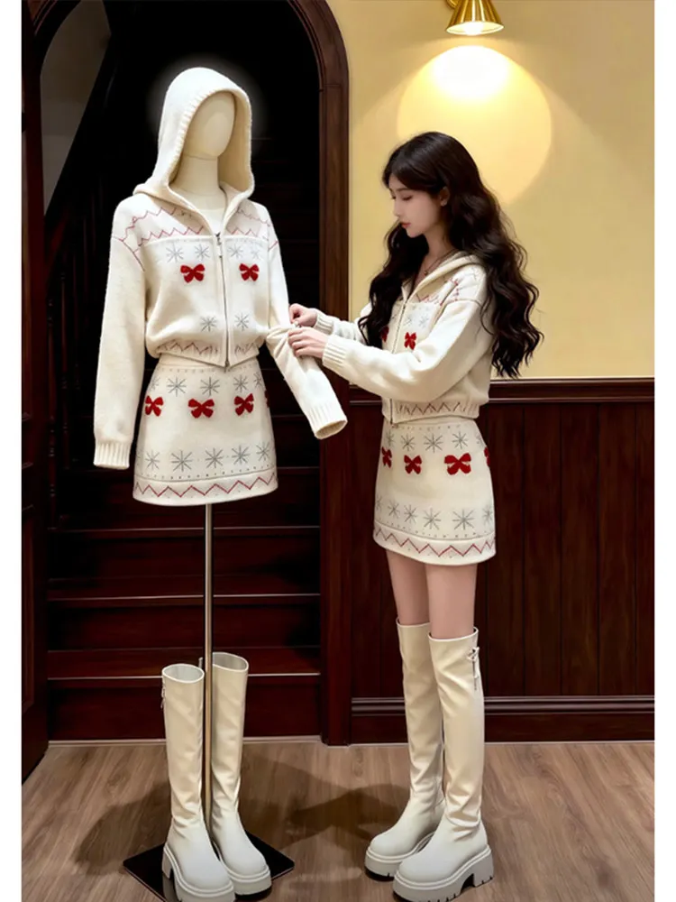 

Шикарный вязаный комплект из топа и юбки, модный зимний наряд, дышащая средняя тонкая юбка с высокой талией, повседневная одежда на молнии