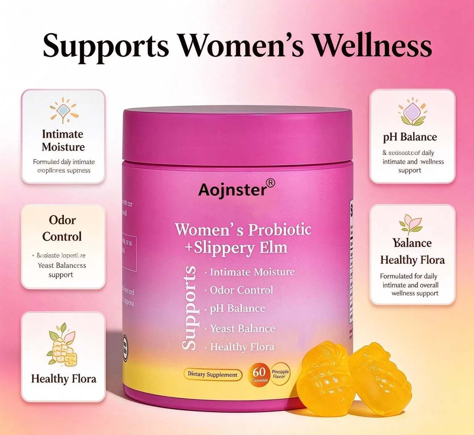 Women's Probiotic Slippery Elm Gummies, Pineapple Flavor Dietary Supplement, 60 Count for Women Daily Nutritional Support