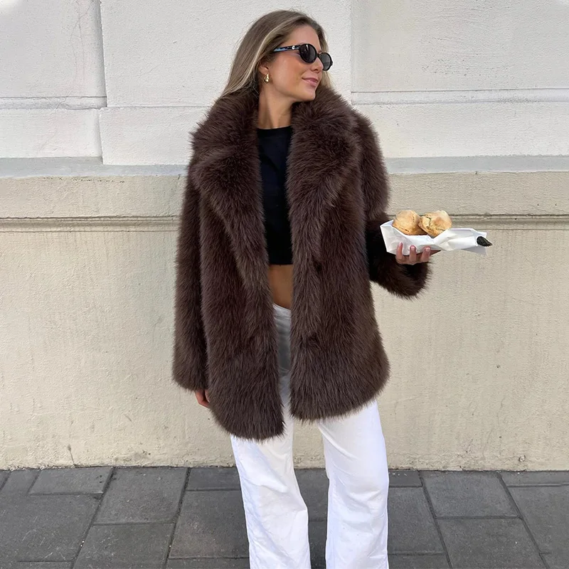 

TARUXY Luxurious Faux Fur Lapel Coat Women's Elegant Solid Loose Lace-Up Leisure Jacket Winter Fashion Female Keep Warm Fur Coat