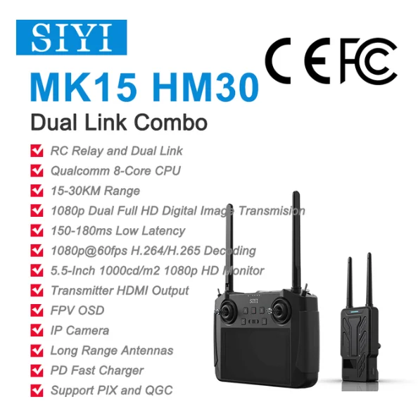 SIYI MK15 HM30  HD Handheld Radio System Transmitter Remote Control 5.5-Inch Monitor 1080p 60fps 180ms FPV 15KM