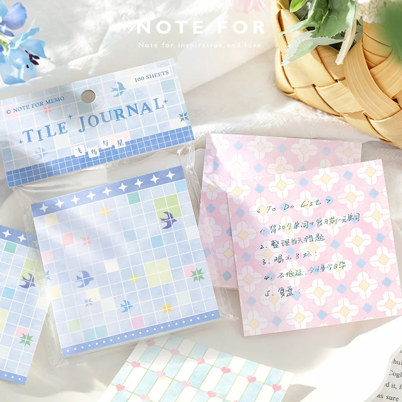 100 Sticky Notes Diary Series, Fresh Plaid Theme Hand Account Collage Decoration Material Notepad Cute Notepads Kawaii Memo Pad