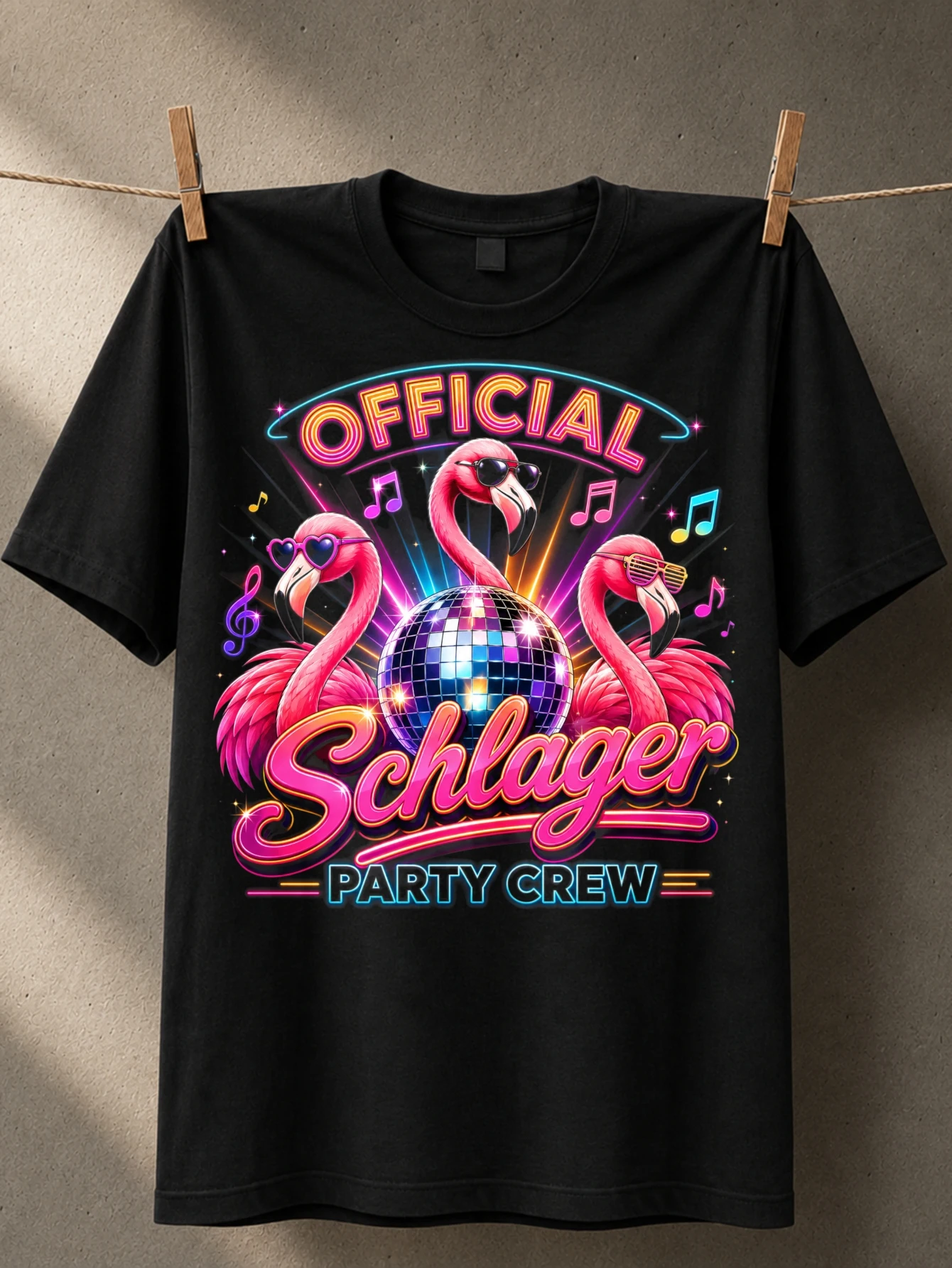 OFFICIAL SCHLAGER PARTY CREW three flamingos disco ball music notes neon pink letters and party  Unisex All T-Shirt