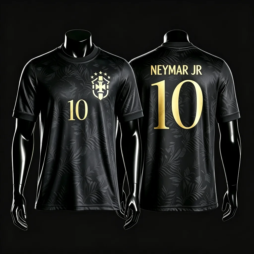Black Gold Tropical Leaf 3D Print Unisex Soccer T-shirt Brazil Fan Inspired No.10 Short Sleeve Football Sports Supporter Jersey