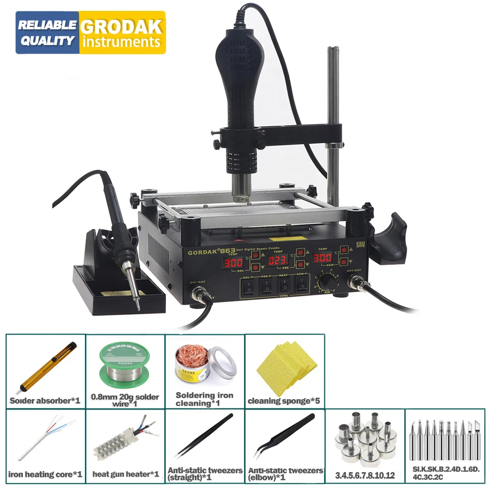

100% оригинальная сварочная станция GORDAK 863 3 в 1, наладочная станция с горячим воздухом, станция предварительного нагрева для пайки и паяльника, электрический
