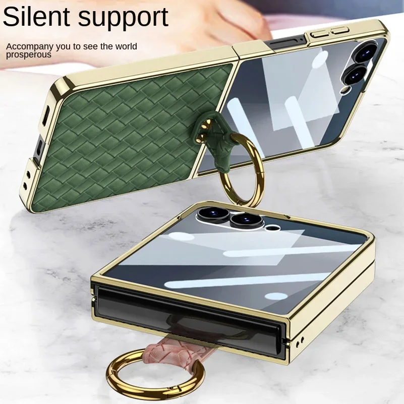 삼성 갤럭시 Z 플립 7 렌즈 유리 보호 커버용 버진 슬레 플레인 가죽 직조 패턴 금박 테두리 링 폰 케이스