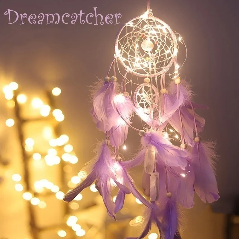 Home Decor Dream Catcher with Night Light Feathers Bead Portable Night Light Wall Hanging Decoration Handmade Room Ornament Gift
