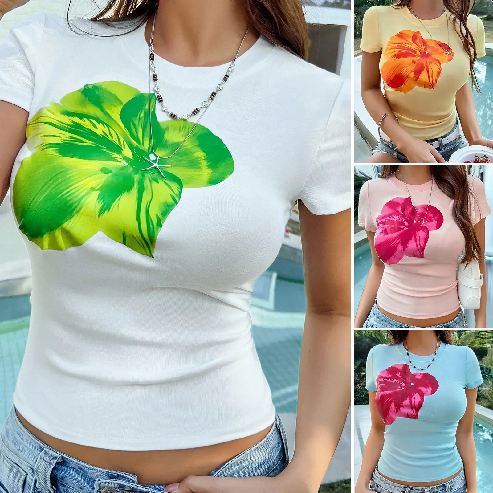 الصيف المرأة تي شيرت سليم صالح مثير السيدات قصيرة الأكمام بلايز زهرة مطبوعة عادية تيز للنساء Y2k التوابل فتاة الصيف القمم