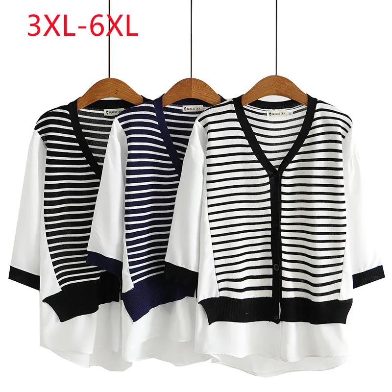 

Large Womens 2022 summer casual stripe patchwork Shirt Short Sleeve Plus Size V-neck shirt 3XL 4XL 5XL 6xl