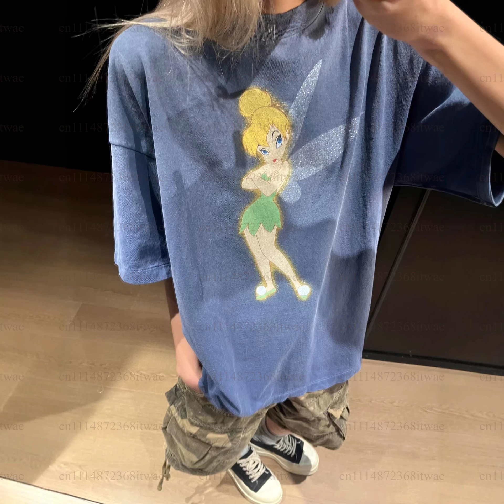 Washed Short Sleeve Loose Cartoon Top Free Optimist Fairy Sprite Print Comfortable Cotton round Neck