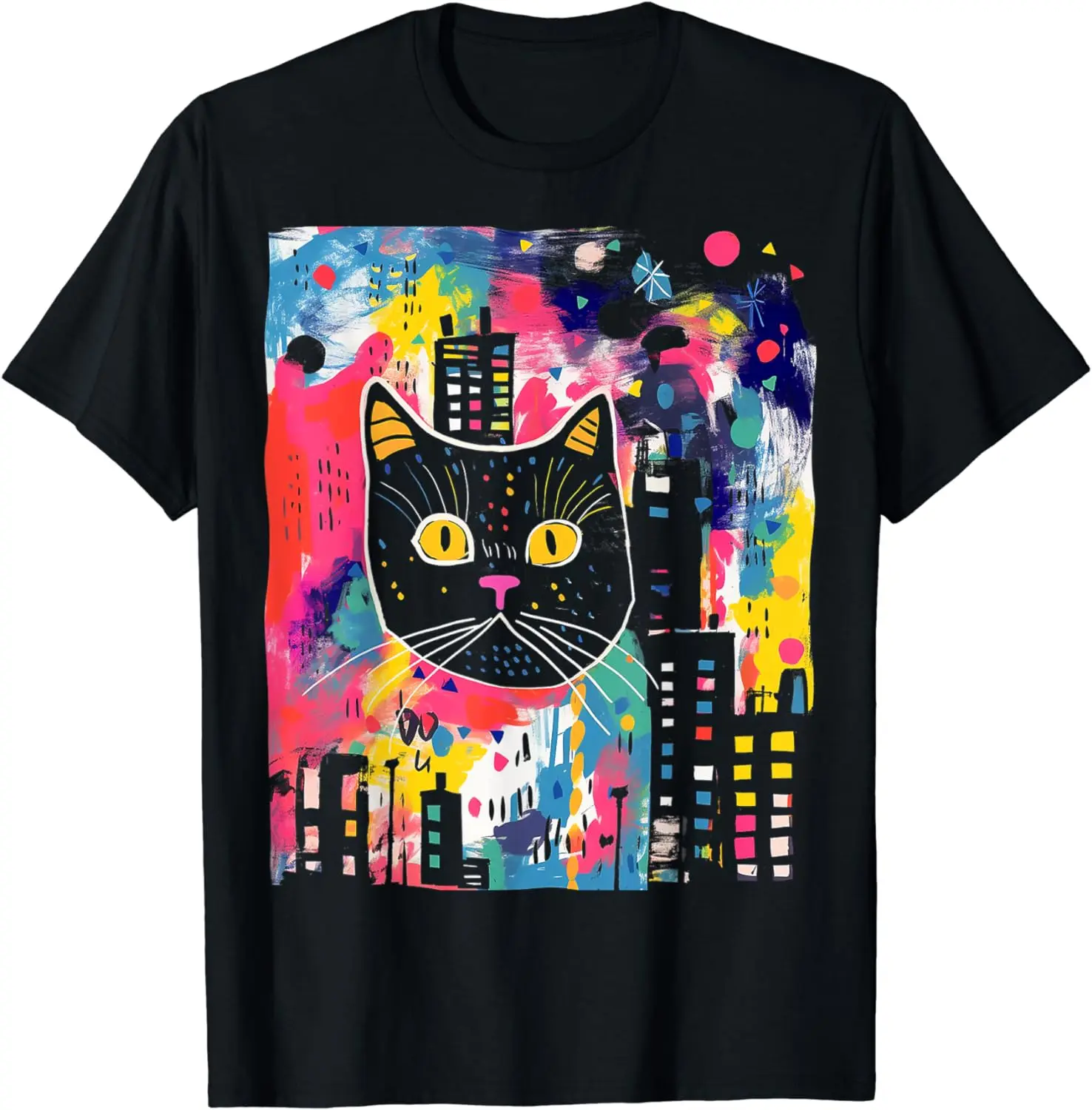 Cat Colorful Abstract Funny Animal Art Graphic Cat T-Shirt Easy To Wear and Match Mens T Shirts COTTON