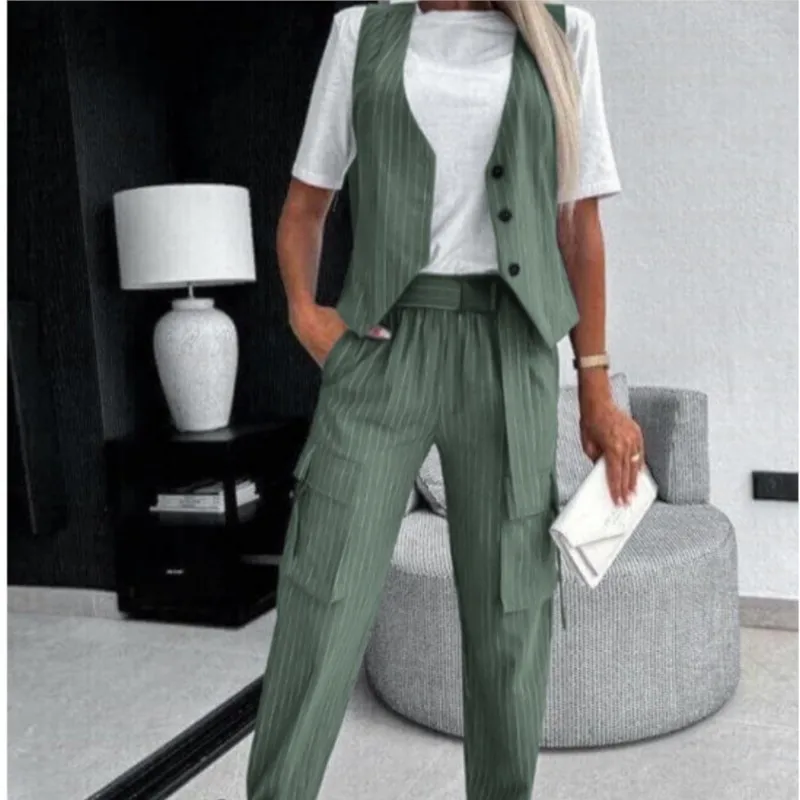 سترة مخططة غير رسمية للنساء صيف جديد الخامس الرقبة زر جيب علوي فضفاض فستان أطفال مع سروال داخلي وتتسابق قطعتين دعوى للنساء أنيقة