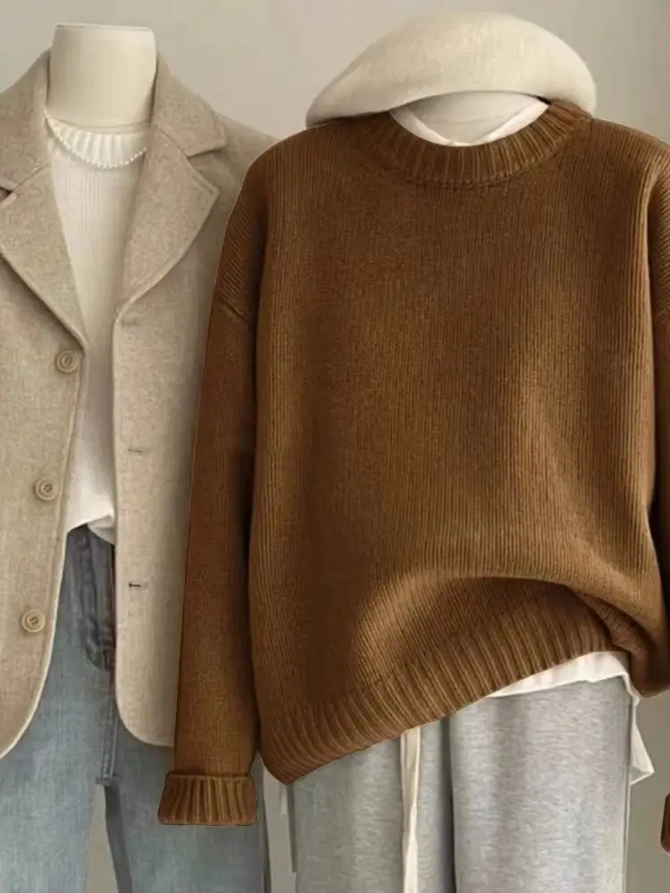 

Round neck 100% pure cashmere sweater for women in autumn and winter loose high-end thick winter plus size sweater Joker.