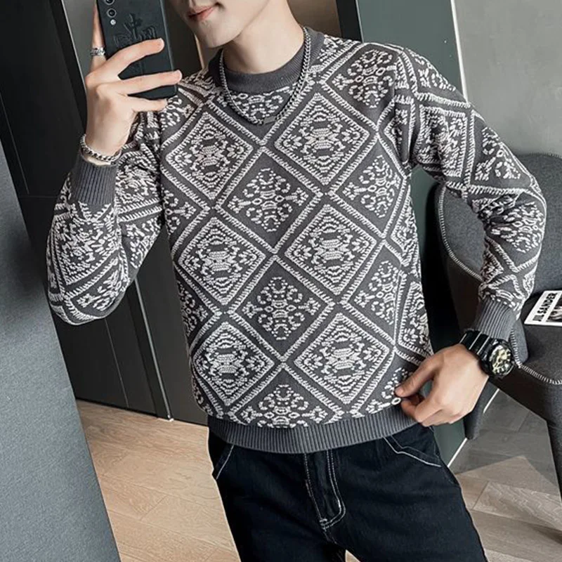 

Autumn Winter KPOP Fashion Style Harajuku Slim Fit Tops Loose All Match Casual Knitwear Jacquard Weave Insert O Neck Sweaters