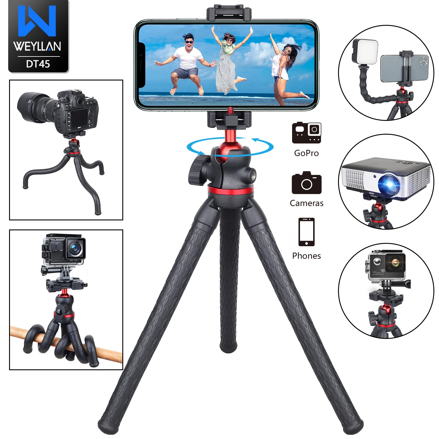 WEYLLAN DT5 Flexible Octopus Tripod for Phone DSLR Camera Remote Control Portable Versatile Tripod For iPhone 16 Pro Max Samsung