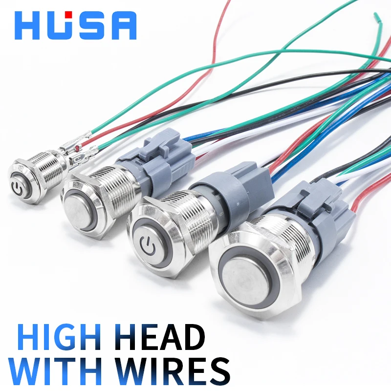 

12 16 19 22 mm High Head Metal Push Button Switch with Wire On Off PC Power 12v for Car Momentary Latching Fixed Blue 5V 220V