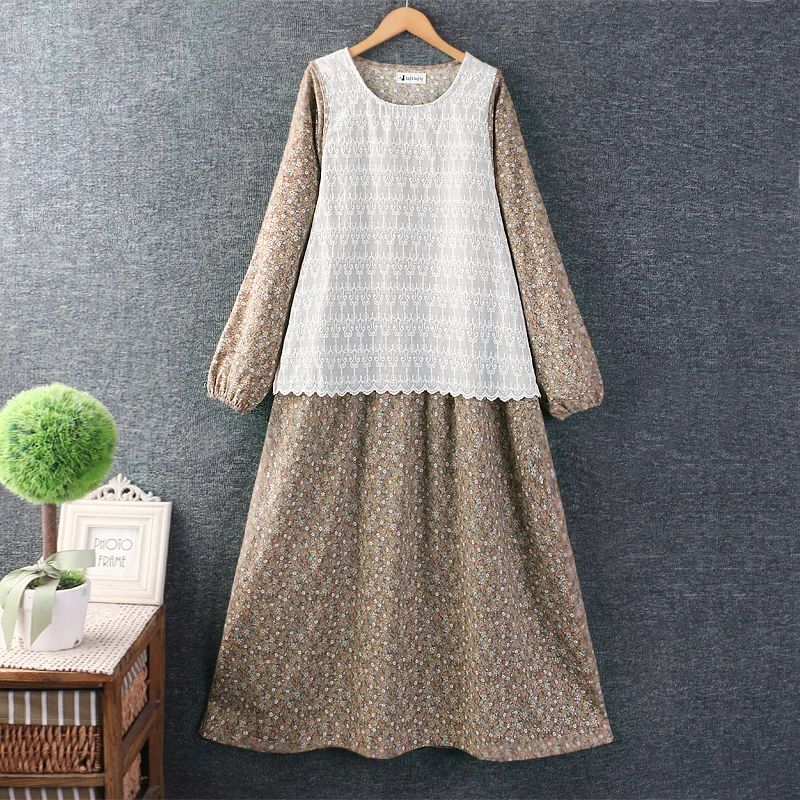 

Autumn New Vintage Japanese Style Lace Bandage Cover Floral Print Dress Women Long Sleeve Loose Midi Dress