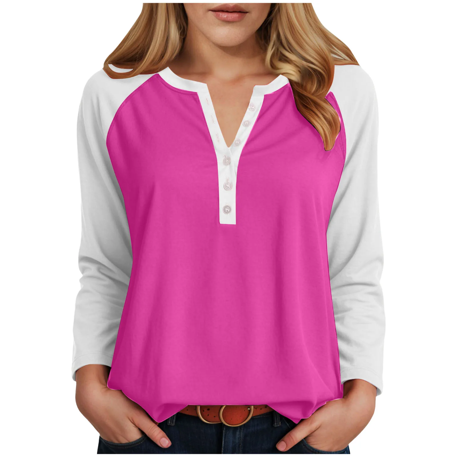 

Casual T-Shirts Women Spring Fall Fashion Patchwork Print Tops Button V Neck Raglan Long Sleeved Regular Tops Plus Size Tees